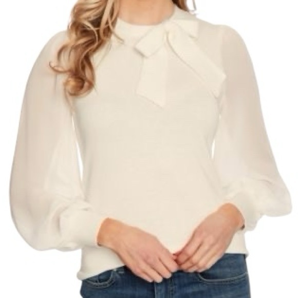 NEW CeCe Cream Mixed Media Sweater Blouse Bow Detail Sheer Balloon Sleeves - Picture 1 of 10